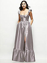 Front View Thumbnail - Cashmere Gray Satin Corset Maxi Dress with Ruffle Straps & Skirt