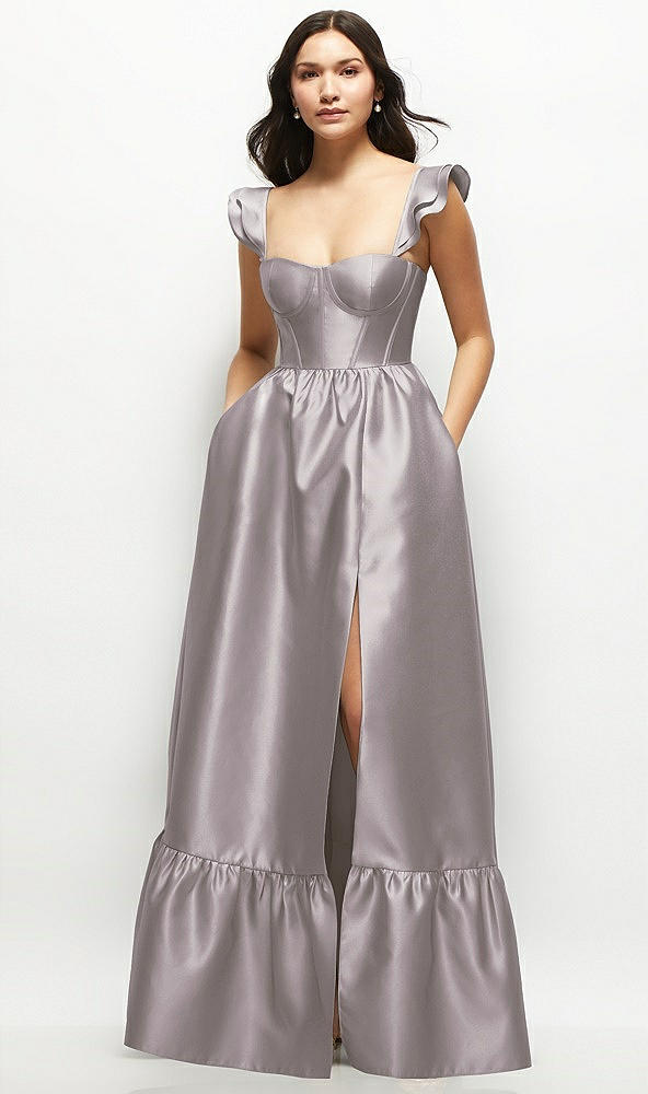Front View - Cashmere Gray Satin Corset Maxi Dress with Ruffle Straps & Skirt