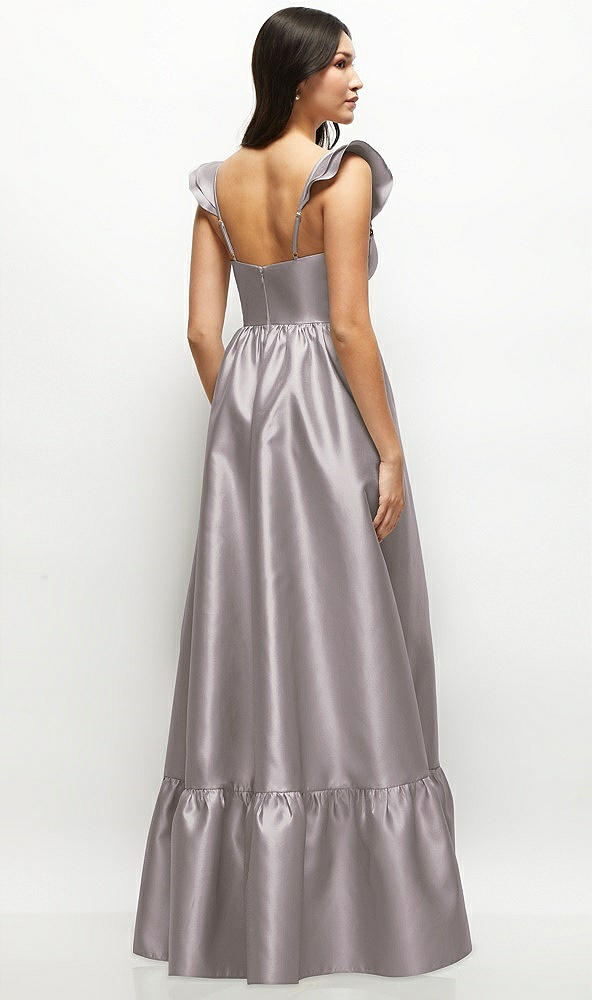 Back View - Cashmere Gray Satin Corset Maxi Dress with Ruffle Straps & Skirt