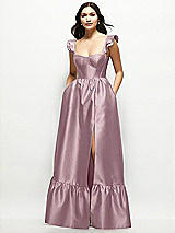 Front View Thumbnail - Dusty Rose Satin Corset Maxi Dress with Ruffle Straps & Skirt