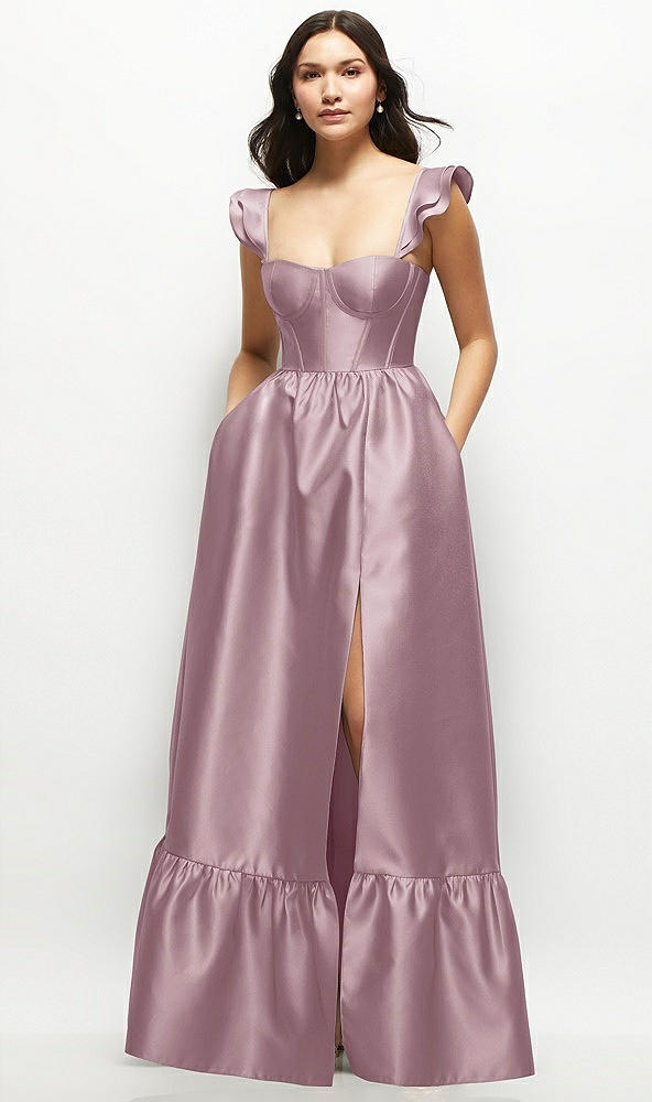Front View - Dusty Rose Satin Corset Maxi Dress with Ruffle Straps & Skirt