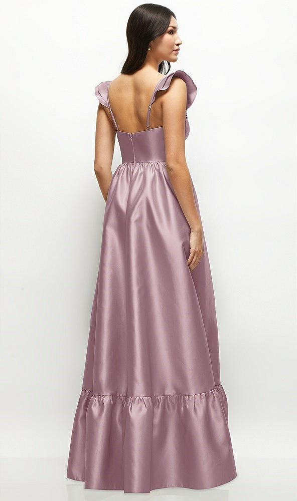 Back View - Dusty Rose Satin Corset Maxi Dress with Ruffle Straps & Skirt