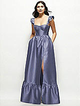 Front View Thumbnail - French Blue Satin Corset Maxi Dress with Ruffle Straps & Skirt