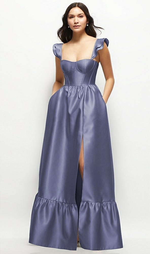Front View - French Blue Satin Corset Maxi Dress with Ruffle Straps & Skirt