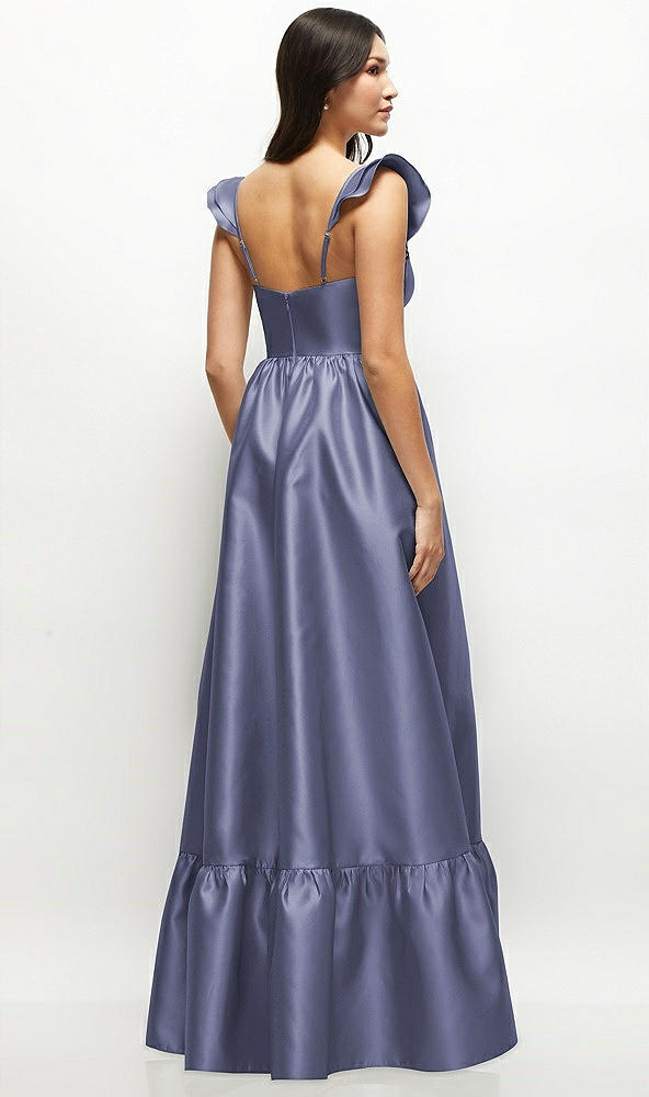 Back View - French Blue Satin Corset Maxi Dress with Ruffle Straps & Skirt