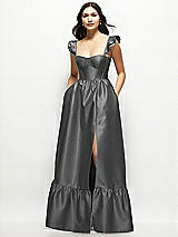 Front View Thumbnail - Gunmetal Satin Corset Maxi Dress with Ruffle Straps & Skirt