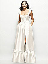 Front View Thumbnail - Ivory Satin Corset Maxi Dress with Ruffle Straps & Skirt