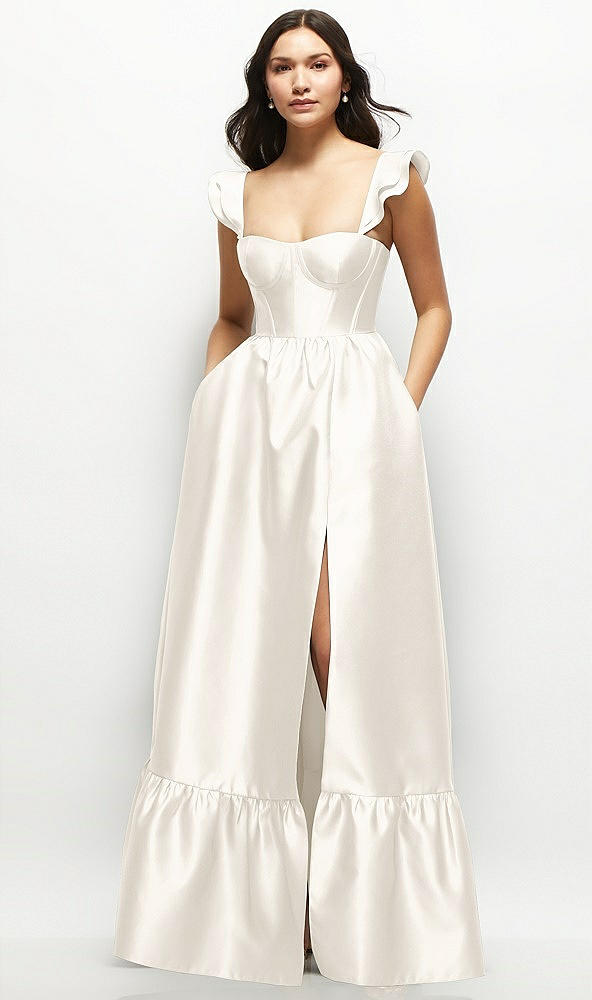 Front View - Ivory Satin Corset Maxi Dress with Ruffle Straps & Skirt
