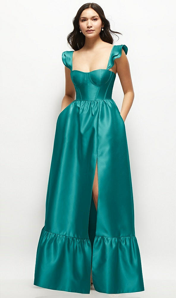 Front View - Jade Satin Corset Maxi Dress with Ruffle Straps & Skirt