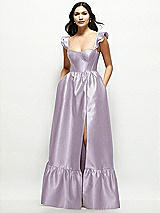 Front View Thumbnail - Lilac Haze Satin Corset Maxi Dress with Ruffle Straps & Skirt