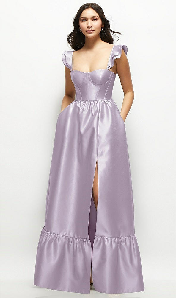 Front View - Lilac Haze Satin Corset Maxi Dress with Ruffle Straps & Skirt