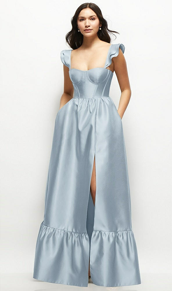 Front View - Mist Satin Corset Maxi Dress with Ruffle Straps & Skirt