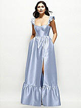 Front View Thumbnail - Sky Blue Satin Corset Maxi Dress with Ruffle Straps & Skirt