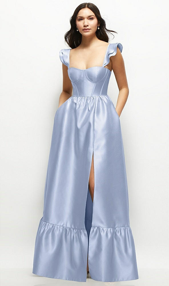 Front View - Sky Blue Satin Corset Maxi Dress with Ruffle Straps & Skirt