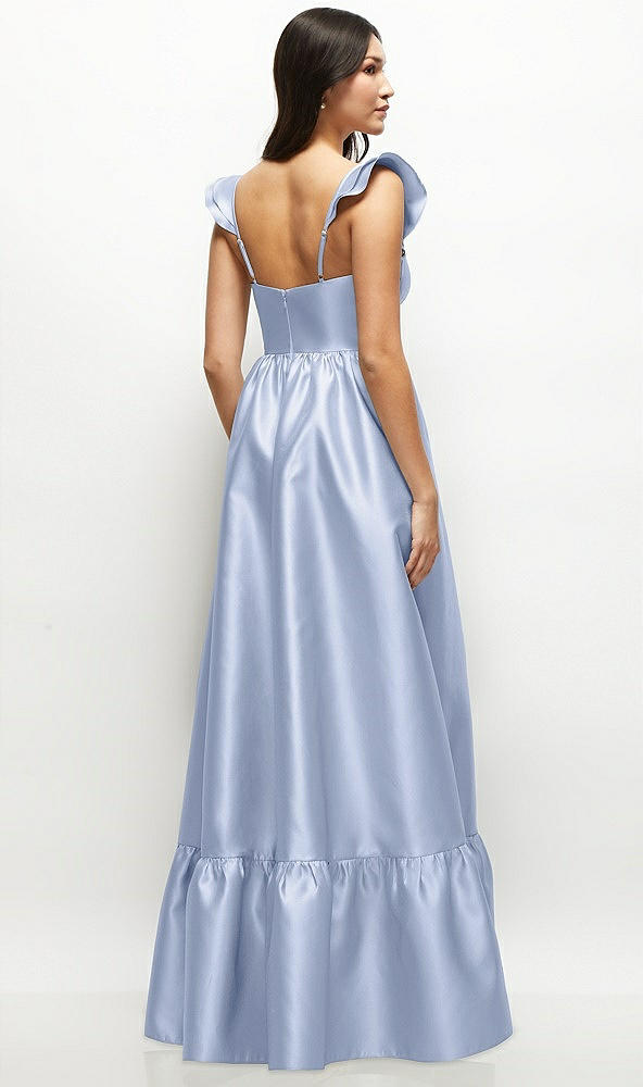 Back View - Sky Blue Satin Corset Maxi Dress with Ruffle Straps & Skirt