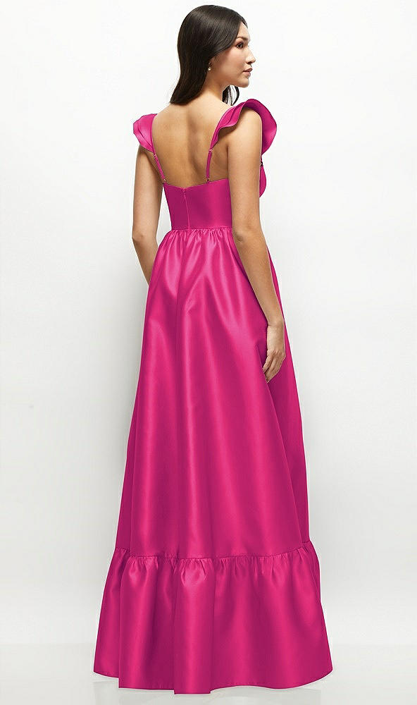 Back View - Think Pink Satin Corset Maxi Dress with Ruffle Straps & Skirt