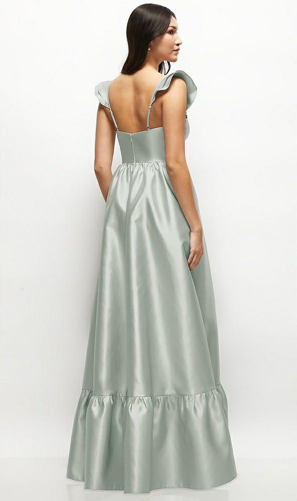 Back View - Willow Green Satin Corset Maxi Dress with Ruffle Straps & Skirt