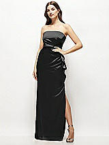 Alt View 1 Thumbnail - Black Strapless Draped Skirt Satin Maxi Dress with Cascade Ruffle