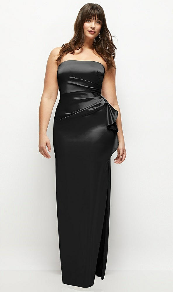 Front View - Black Strapless Draped Skirt Satin Maxi Dress with Cascade Ruffle