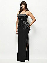 Side View Thumbnail - Black Strapless Draped Skirt Satin Maxi Dress with Cascade Ruffle