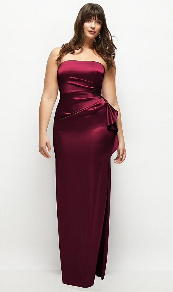 Front View - Cabernet Strapless Draped Skirt Satin Maxi Dress with Cascade Ruffle