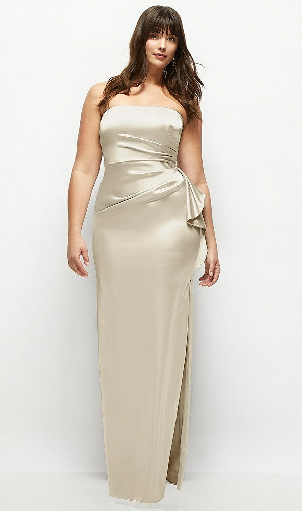 Front View - Champagne Strapless Draped Skirt Satin Maxi Dress with Cascade Ruffle
