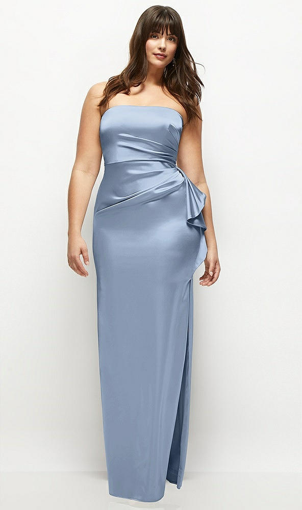 Front View - Cloudy Strapless Draped Skirt Satin Maxi Dress with Cascade Ruffle