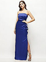 Alt View 1 Thumbnail - Cobalt Blue Strapless Draped Skirt Satin Maxi Dress with Cascade Ruffle