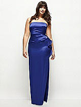 Front View Thumbnail - Cobalt Blue Strapless Draped Skirt Satin Maxi Dress with Cascade Ruffle
