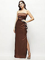 Alt View 1 Thumbnail - Cognac Strapless Draped Skirt Satin Maxi Dress with Cascade Ruffle