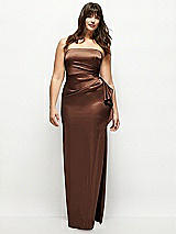 Front View Thumbnail - Cognac Strapless Draped Skirt Satin Maxi Dress with Cascade Ruffle