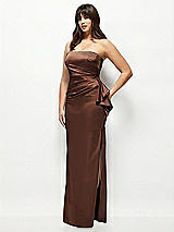 Side View Thumbnail - Cognac Strapless Draped Skirt Satin Maxi Dress with Cascade Ruffle