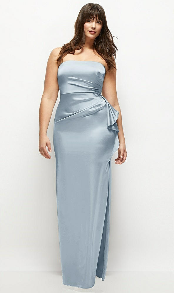 Front View - Mist Strapless Draped Skirt Satin Maxi Dress with Cascade Ruffle