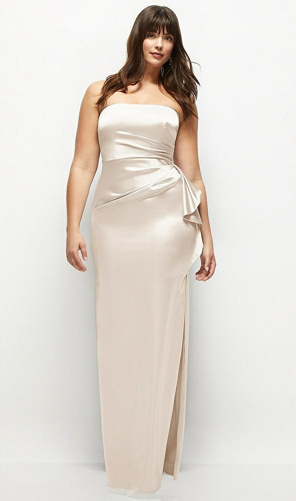Front View - Oat Strapless Draped Skirt Satin Maxi Dress with Cascade Ruffle