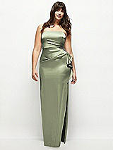 Front View Thumbnail - Sage Strapless Draped Skirt Satin Maxi Dress with Cascade Ruffle