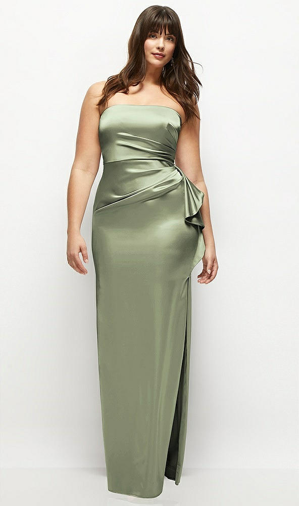 Front View - Sage Strapless Draped Skirt Satin Maxi Dress with Cascade Ruffle