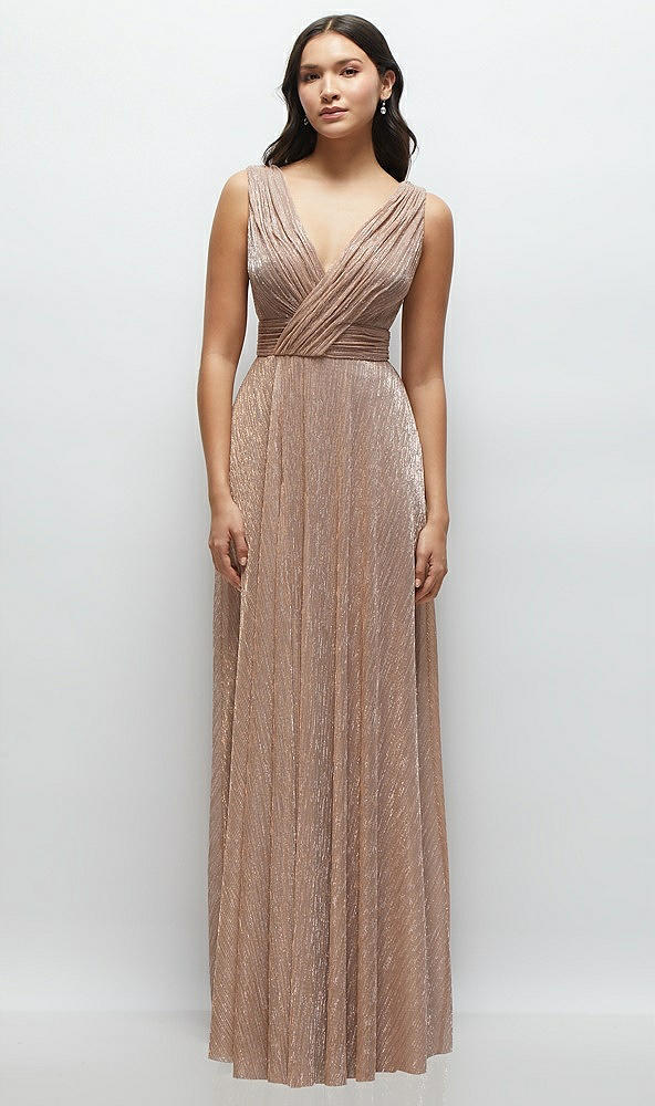Front View - Metallic Sienna Draped V-Neck Pleated Metallic Maxi Dress with Deep V-Back