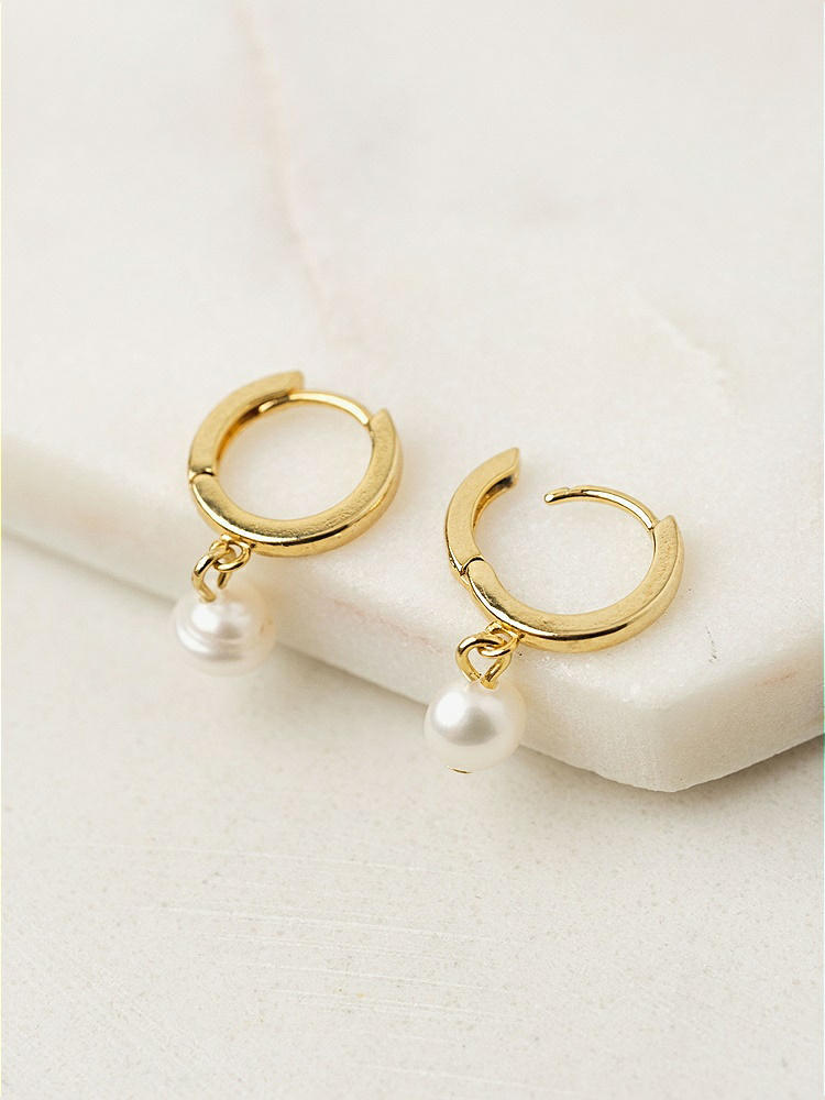 Front View - Gold Pearl Drop Gold Huggie Earrings