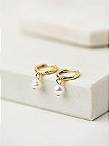 Side View Thumbnail - Gold Pearl Drop Gold Huggie Earrings