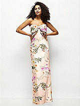 Alt View 1 Thumbnail - Butterfly Botanica Pink Sand Strapless Floral Satin Column Maxi Dress with Oversized Bow