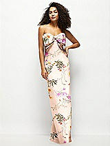 Front View Thumbnail - Butterfly Botanica Pink Sand Strapless Floral Satin Column Maxi Dress with Oversized Bow