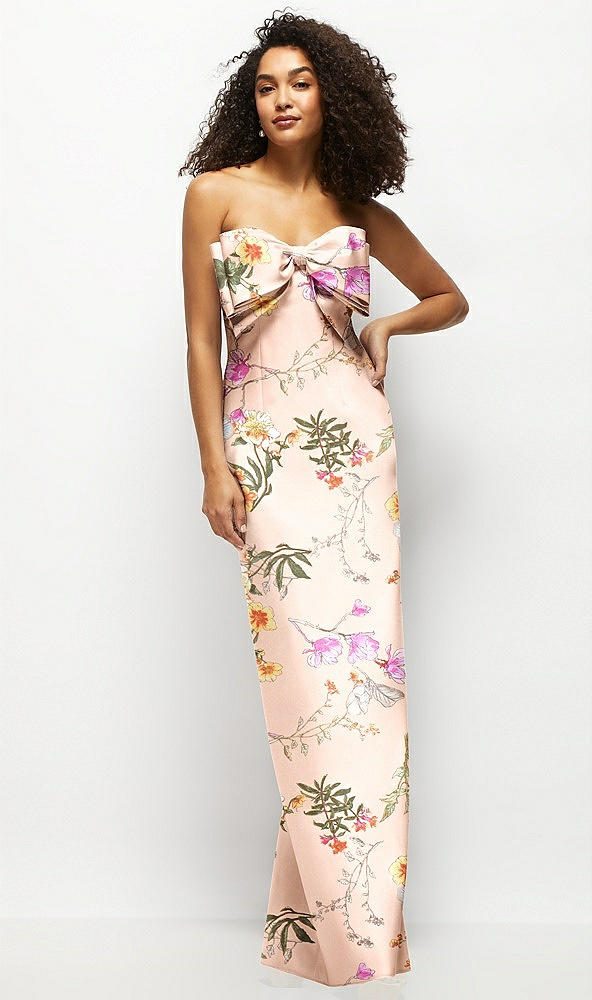 Front View - Butterfly Botanica Pink Sand Strapless Floral Satin Column Maxi Dress with Oversized Bow