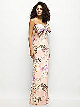 Side View Thumbnail - Butterfly Botanica Pink Sand Strapless Floral Satin Column Maxi Dress with Oversized Bow