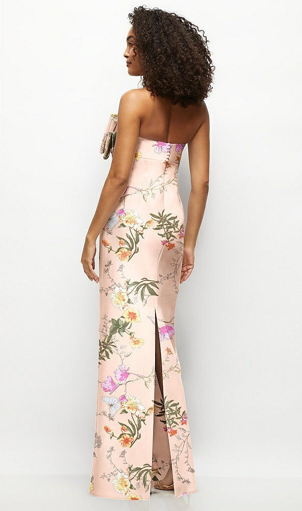 Back View - Butterfly Botanica Pink Sand Strapless Floral Satin Column Maxi Dress with Oversized Bow