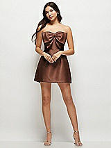 Front View Thumbnail - Cognac Strapless Bell Skirt Satin Mini Dress with Oversized Bow