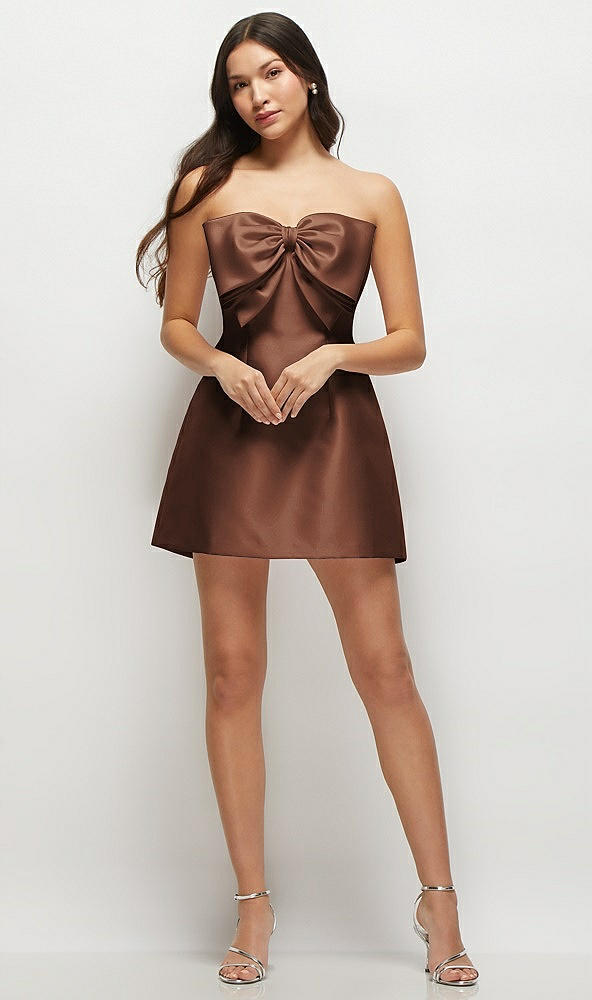 Front View - Cognac Strapless Bell Skirt Satin Mini Dress with Oversized Bow