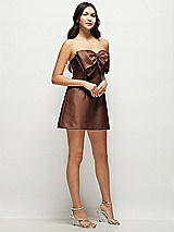Side View Thumbnail - Cognac Strapless Bell Skirt Satin Mini Dress with Oversized Bow