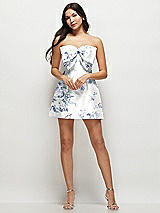 Front View Thumbnail - Cottage Rose Larkspur Strapless Bell Skirt Floral Satin Mini Dress with Oversized Bow