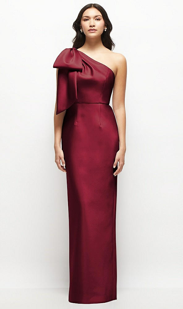 Front View - Burgundy Oversized Bow One-Shoulder Satin Column Maxi Dress