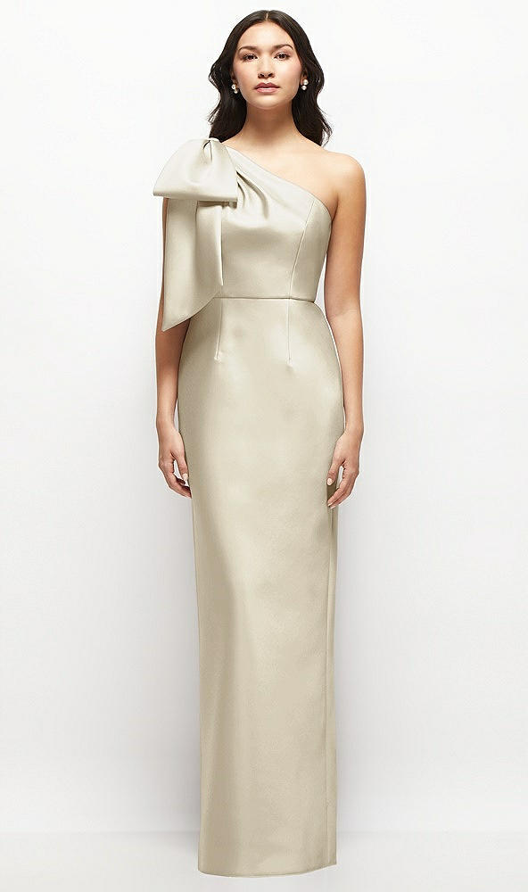 Front View - Champagne Oversized Bow One-Shoulder Satin Column Maxi Dress